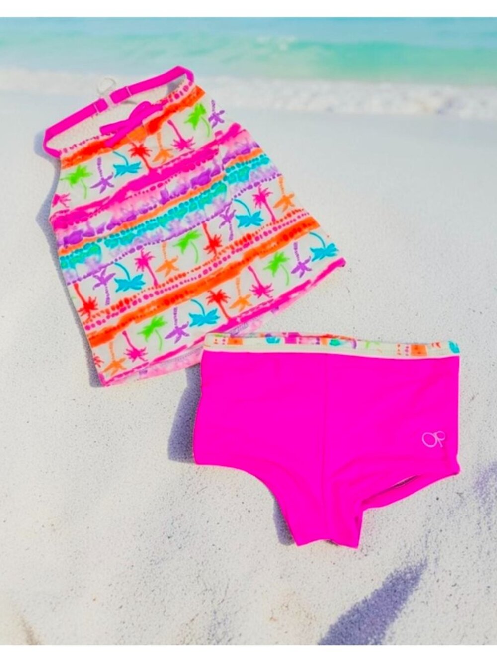 Toddler Girls 2-Piece Tankini Swimsuit Set Tropical Print & Neon Pink Bottoms Si